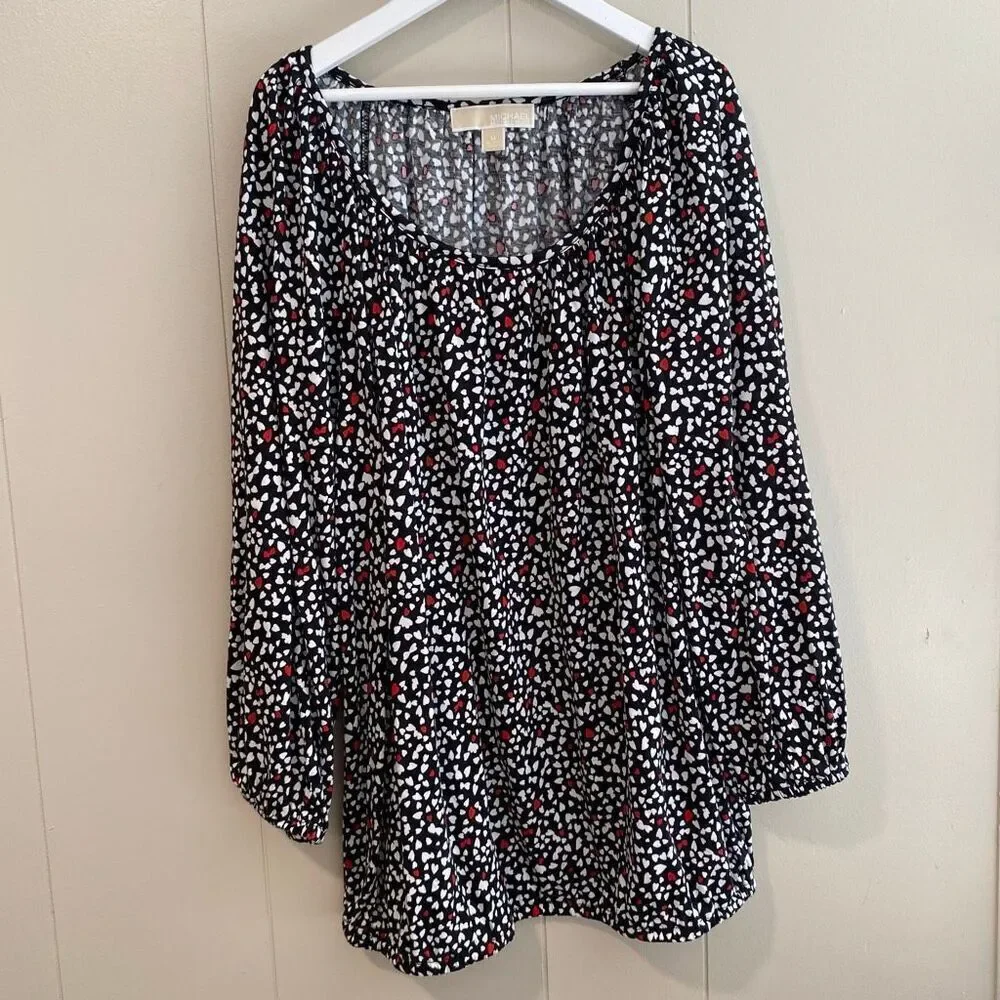 Michael Michael Kors Printed Blouse | Black Red White Heart Dot Long Sleeve Top